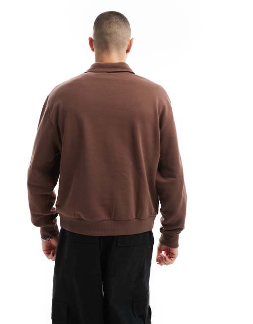 ASOS DESIGN boxy oversized polo sweatshirt with print and tipping detail in brown, 2 of 4
