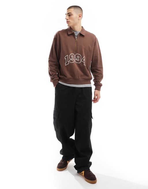 ASOS DESIGN boxy oversized polo sweatshirt with print and tipping detail in brown, 3 of 4