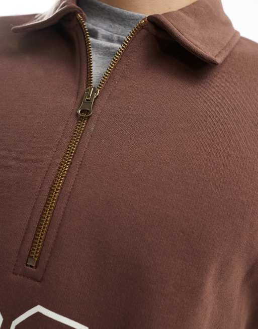 ASOS DESIGN boxy oversized polo sweatshirt with print and tipping detail in brown, 4 of 4