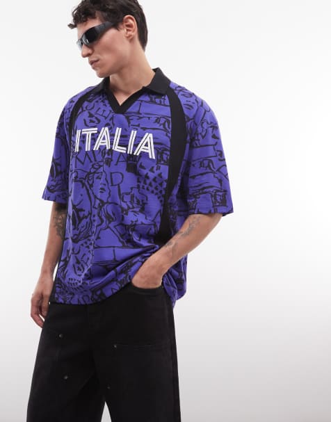 ASOS DESIGN boxy oversized polo with all over print and Italy football graphic in blue - view 1