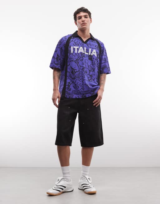 ASOS DESIGN boxy oversized polo with all over print and Italy football graphic in blue, 2 of 5