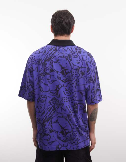 ASOS DESIGN boxy oversized polo with all over print and Italy soccer graphic in blue, 3 of 5