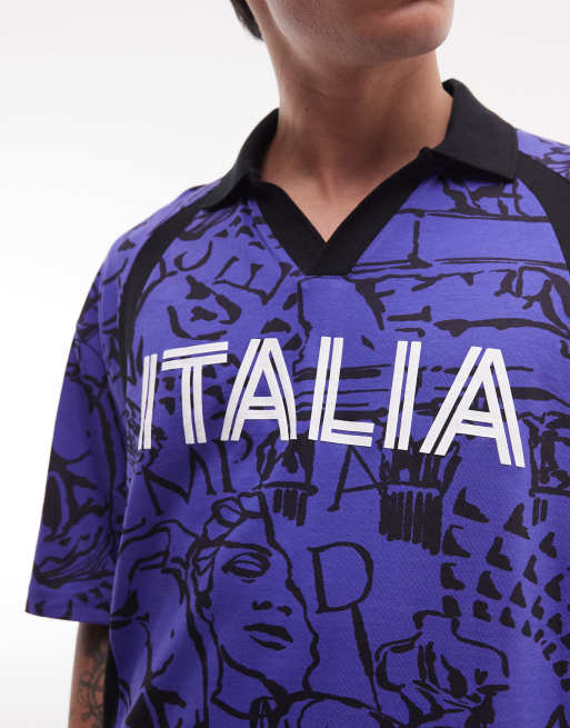 ASOS DESIGN boxy oversized polo with all over print and Italy soccer graphic in blue, 5 of 5