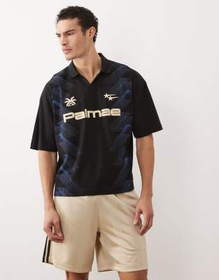 Asos Design Boxy Oversized Polo With All Over Soccer Graphics In Black