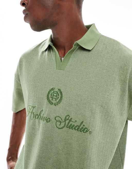 ASOS DESIGN boxy oversized polo with chest embroidery in green chevron fabric