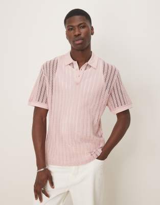 boxy oversized polo with drop shoulder polo in pink crochet