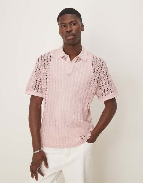 ASOS DESIGN boxy oversized polo with drop shoulder polo in pink crochet - view 1