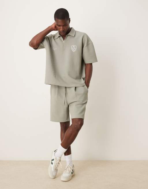 ASOS DESIGN boxy oversized polo with dropped shoulder and chest embroidery & shorts set in khaki textured