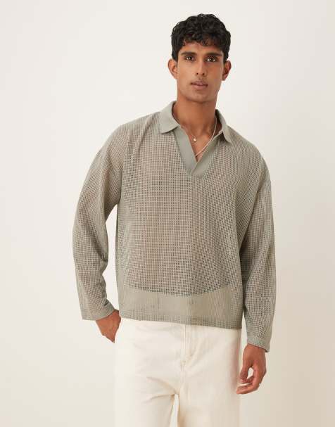 ASOS DESIGN boxy oversized polo with dropped shoulder in khaki open mesh - view 1