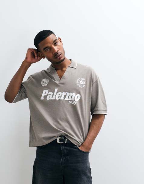 ASOS DESIGN boxy oversized polo with football graphic in grey - view 1