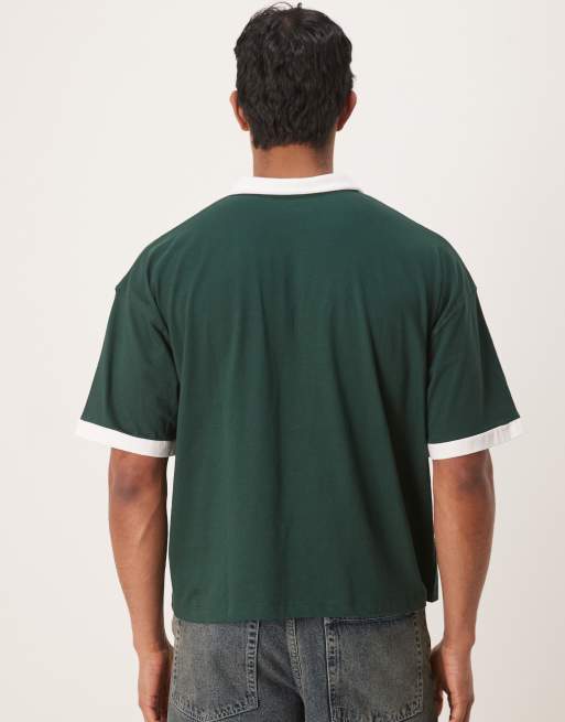 ASOS DESIGN boxy oversized polo with sport graphic in dark green, 3 of 4