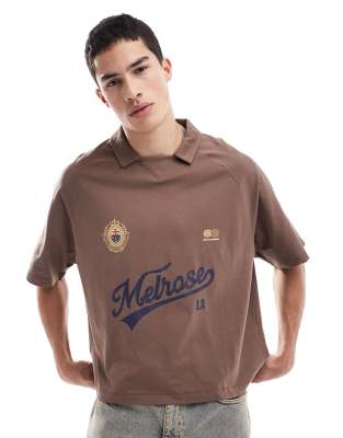 Asos Design Boxy Oversized Polo With Sports Graphic In Brown