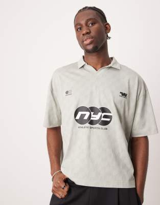Asos Design Boxy Oversized Polo With Sports Graphic In Gray