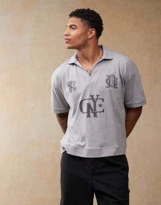 Asos Design Boxy Oversized Polo With Sports Graphics In Gray