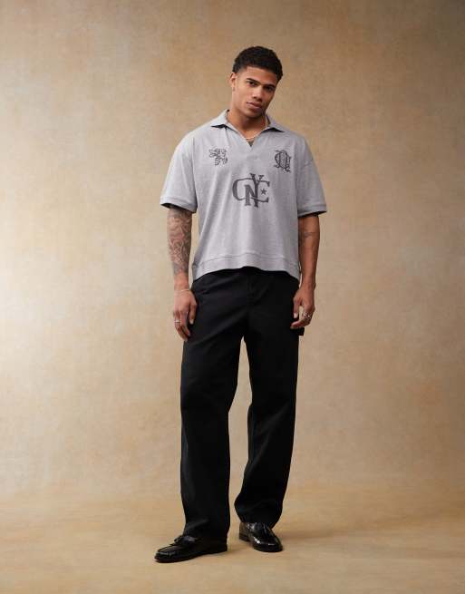 ASOS DESIGN boxy oversized polo with sports graphics in gray heather