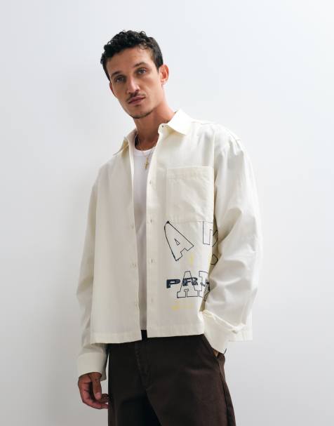 ASOS DESIGN boxy oversized poplin overhemd met plaatsingsprint in gebroken wit - view 1