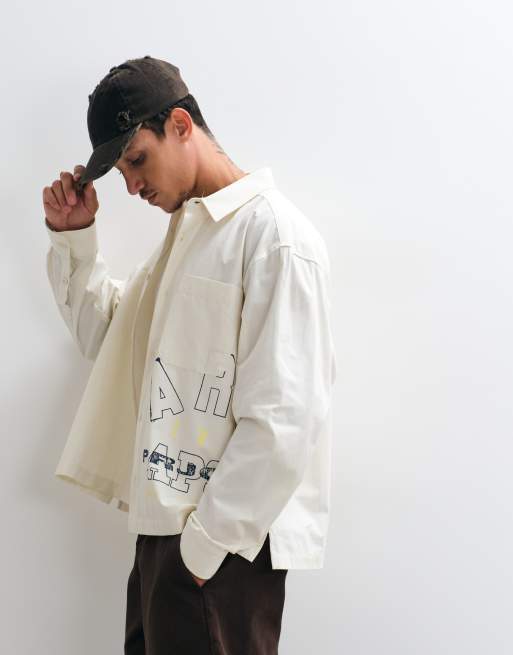 ASOS DESIGN boxy oversized poplin overhemd met plaatsingsprint in gebroken wit, 5 van 5