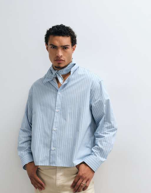 ASOS DESIGN boxy oversized poplin overhemd met strepen en strikband bij de hals in blauw, 3 van 5