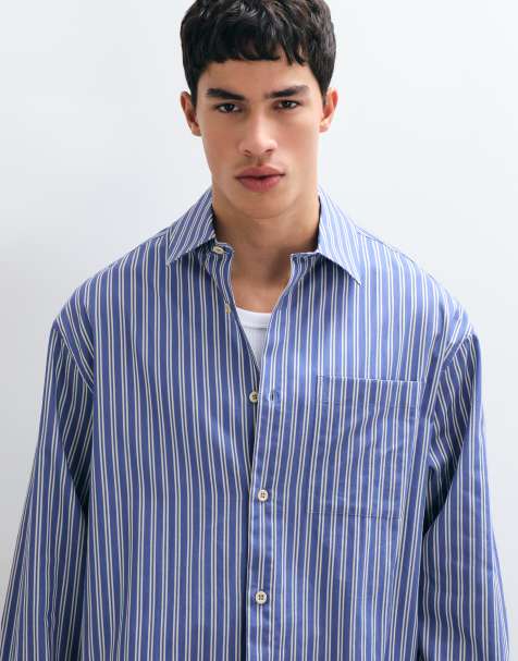 ASOS DESIGN boxy oversized poplin overhemd met strepen in blauw - view 1