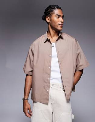 asos ASOS DESIGN boxy oversized poplin shirt in brown