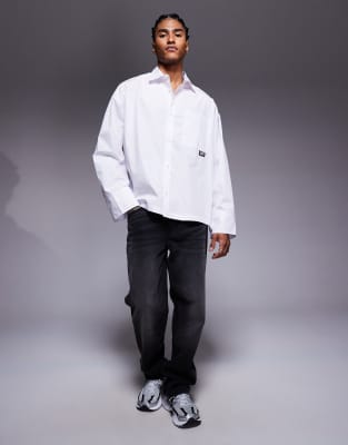 Asos Design Boxy Oversized Poplin Shirt With Badge Detail In White