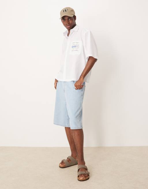 ASOS DESIGN boxy oversized poplin shirt with chest embroidery in white