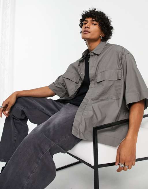 ASOS DESIGN boxy oversized poplin shirt with double pockets in charcoal