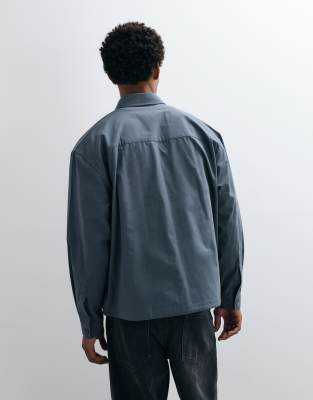Asos Design Boxy Oversized Poplin Shirt With Drawstring Hem In Blue