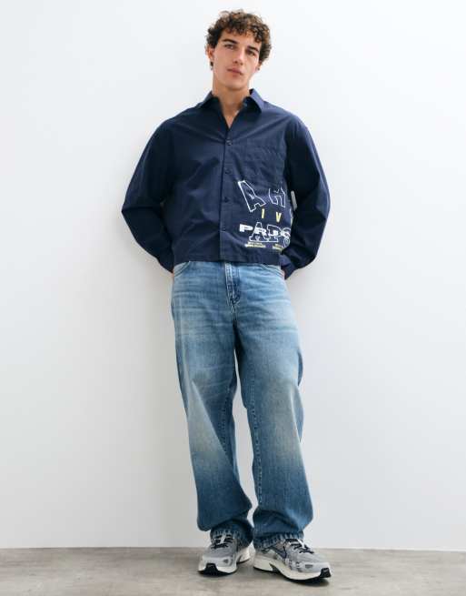 ASOS DESIGN boxy oversized poplin shirt with placement print in navy, 2 of 5