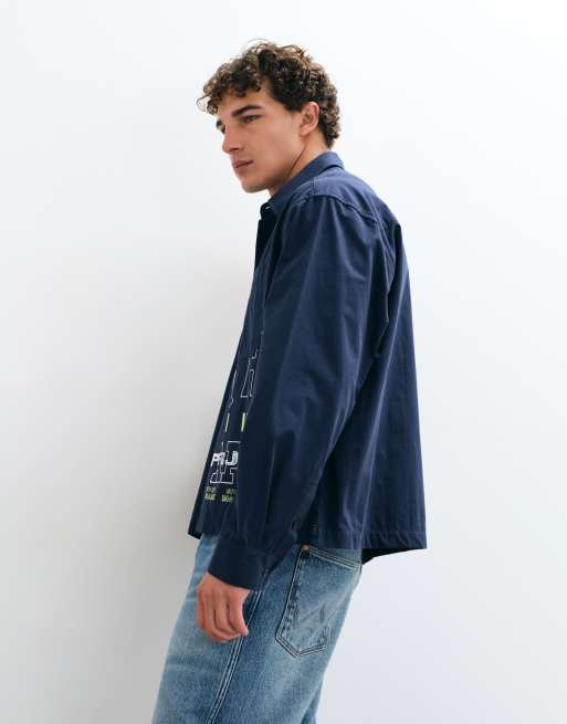 ASOS DESIGN boxy oversized poplin shirt with placement print in navy, 4 of 5