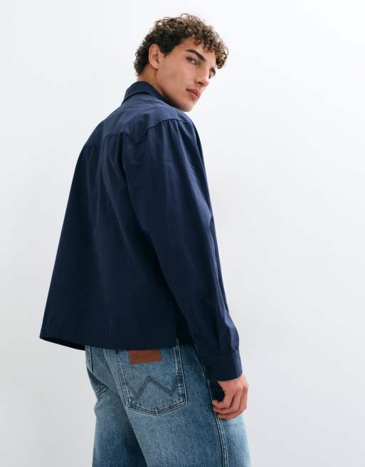ASOS DESIGN boxy oversized poplin shirt with placement print in navy, 5 of 5