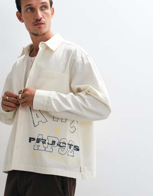 ASOS DESIGN boxy oversized poplin shirt with placement print in off white, 2 of 5