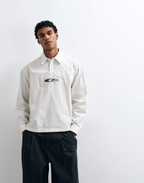 ASOS DESIGN boxy oversized poplin stripe polo shirt with embroidery in beige - view 1
