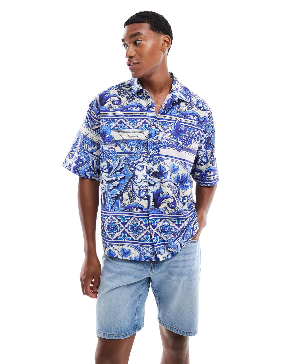 ASOS DESIGN boxy oversized printed shirt in blue and white