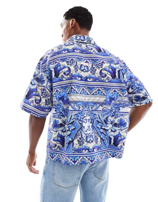 ASOS DESIGN boxy oversized printed shirt in blue and white