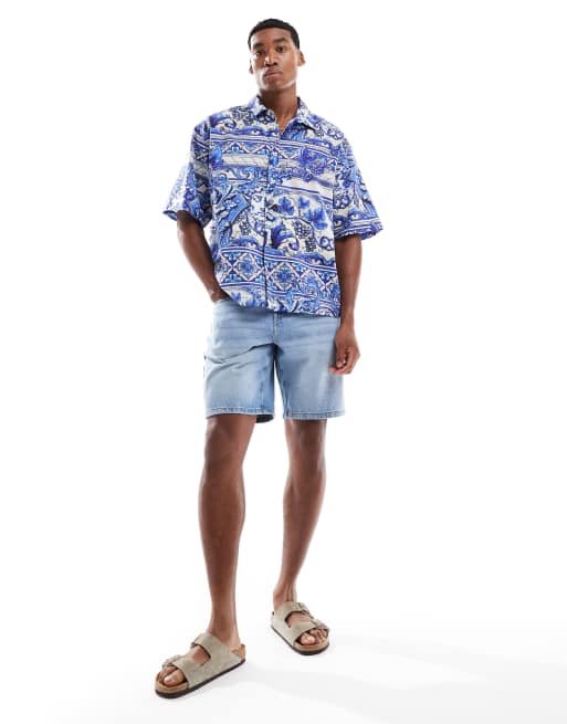 ASOS DESIGN boxy oversized printed shirt in blue and white
