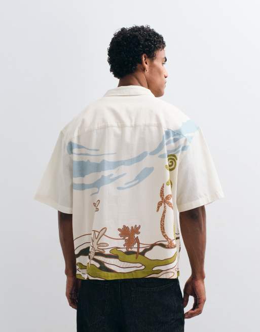 ASOS DESIGN boxy oversized printed shirt with linen in multi, 4 of 5