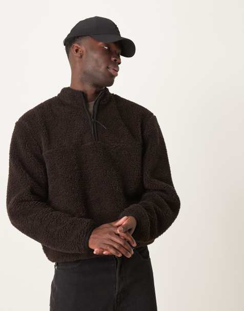 ASOS DESIGN boxy oversized quarter zip borg sweatshirt in brown - view 1