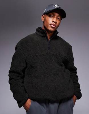 ASOS DESIGN ASOS DESIGN boxy oversized quarter zip borg sweatshirt in khaki-Green