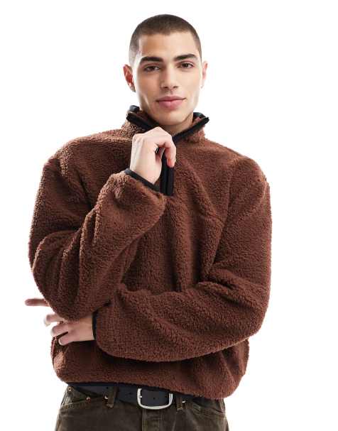 ASOS DESIGN boxy oversized quarter zip borg sweatshirt in light brown - view 1