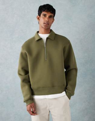 Asos Design Boxy Oversized Quarter Zip Scuba-style Fabric Sweatshirt With Collar In Green