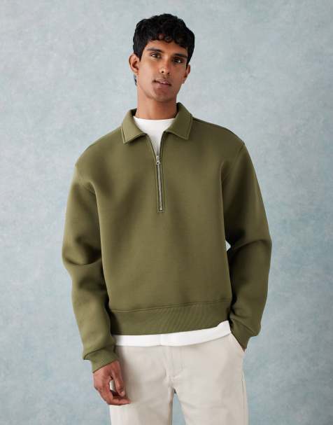 ASOS DESIGN boxy oversized quarter zip scuba-style fabric sweatshirt with collar in green - view 1