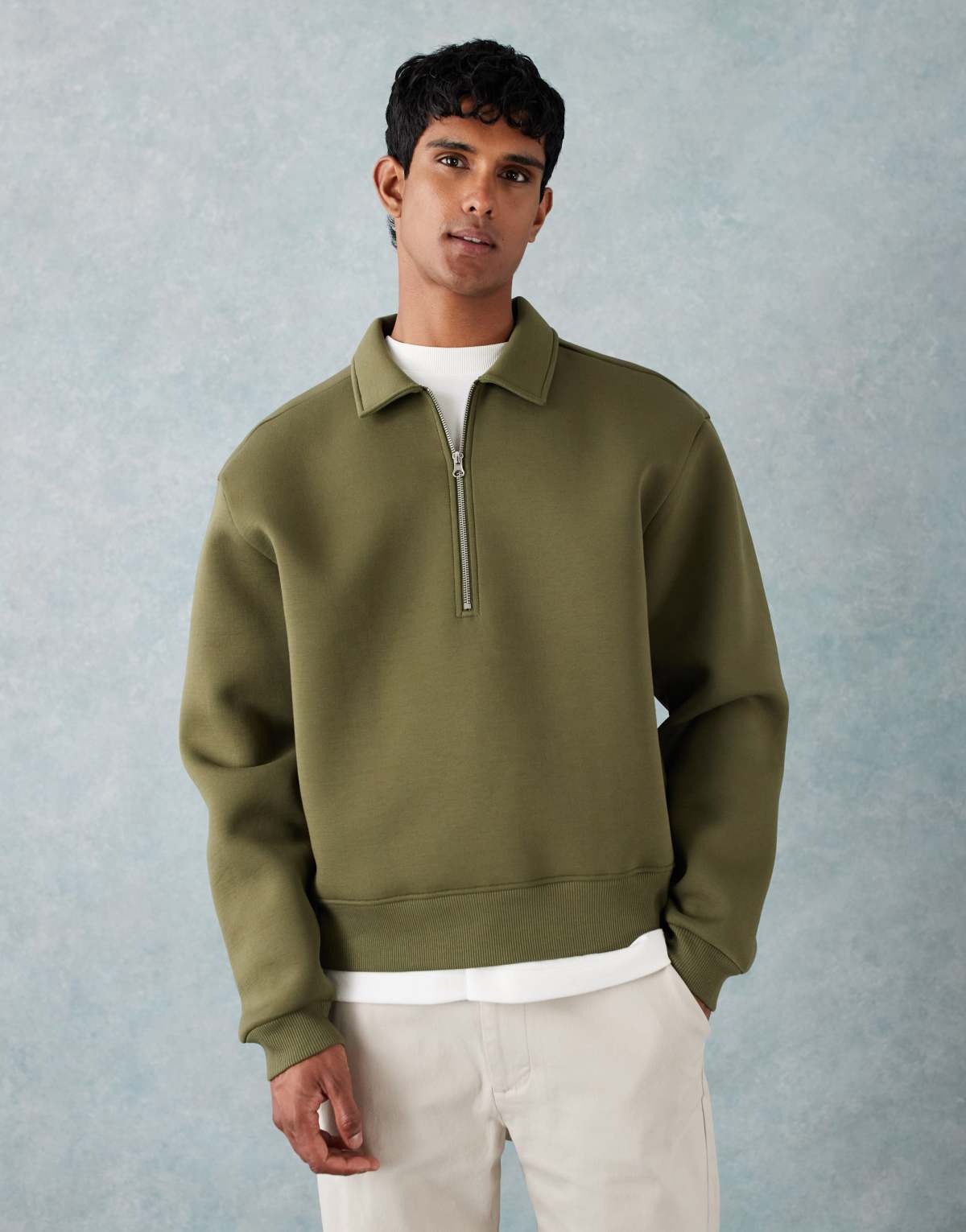 ASOS DESIGN boxy oversized quarter zip scuba-style fabric sweatshirt with collar in green