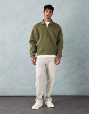 Asos Design Boxy Oversized Quarter Zip Scuba-style Fabric Sweatshirt With Collar In Green