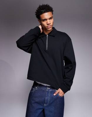 Asos Design Boxy Oversized Quarter Zip Sweatshirt With Collar In Black