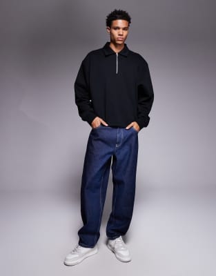 Asos Design Boxy Oversized Quarter Zip Sweatshirt With Collar In Black