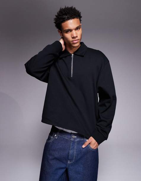 ASOS DESIGN boxy oversized quarter zip with collar in black - view 1