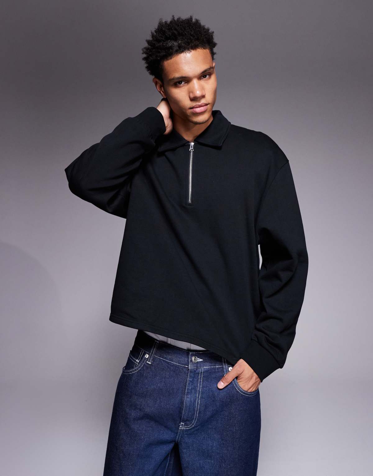ASOS DESIGN boxy oversized quarter zip with collar in black
