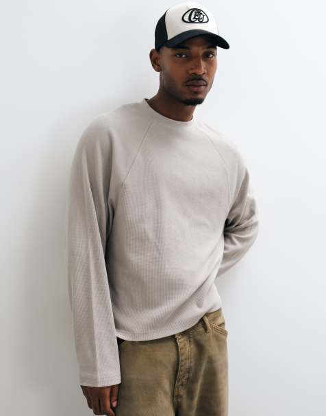 ASOS DESIGN boxy oversized raglan long sleeve t-shirt in stone waffle - view 1