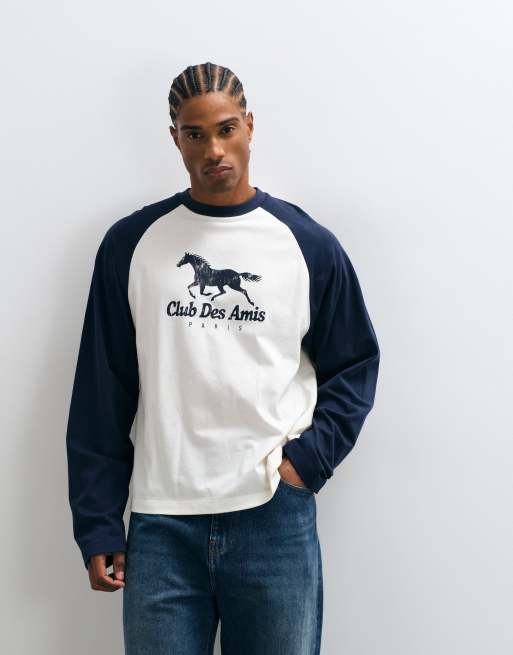 ASOS DESIGN boxy oversized raglan long sleeve top with club graphic print in cream, 5 of 5
